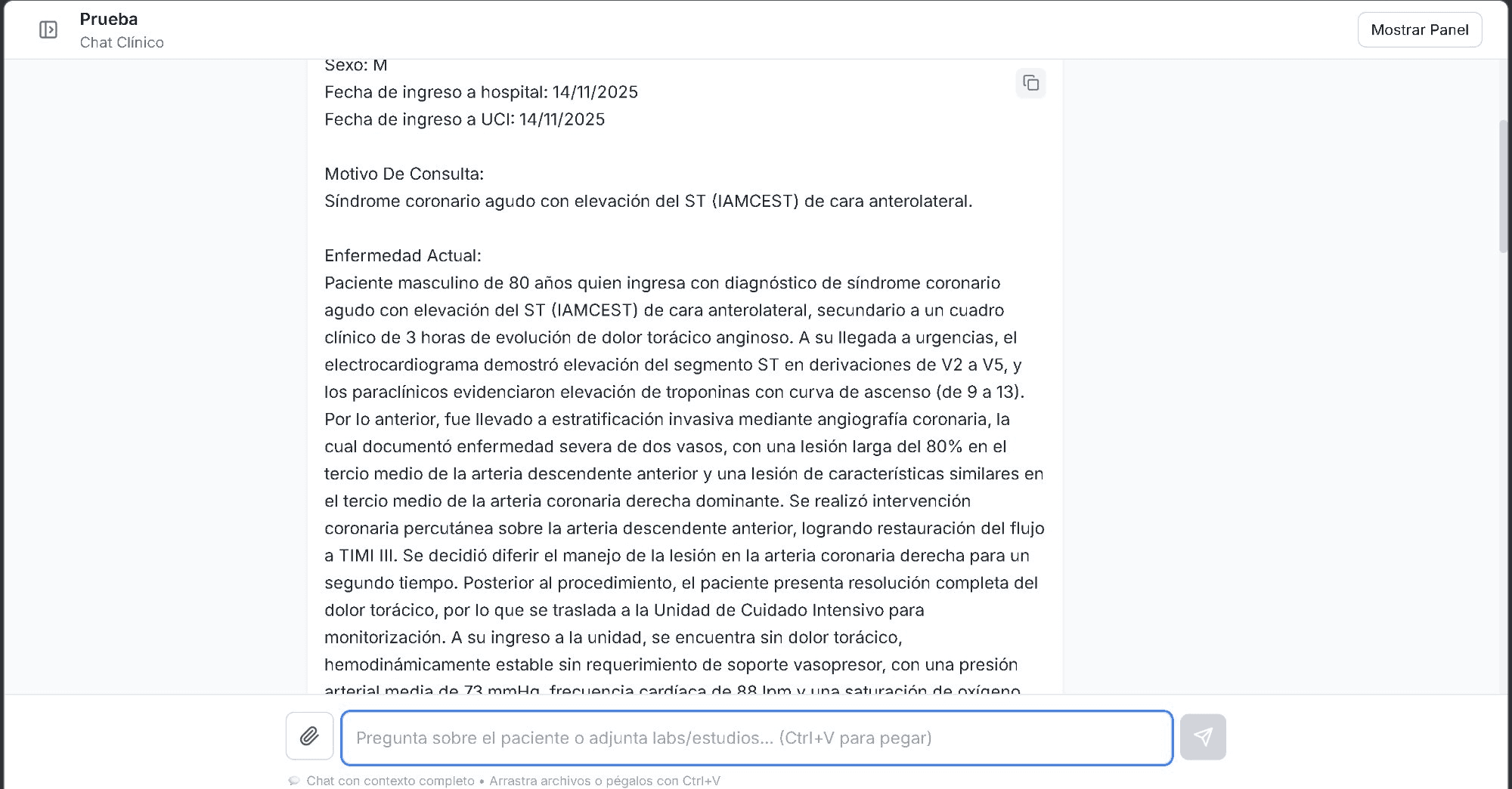 OMAXI Dashboard — ICU admission note: clinical history and current illness section